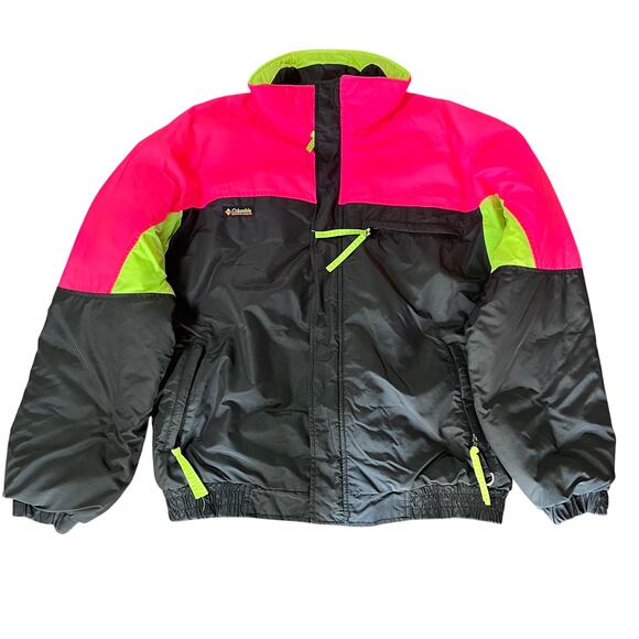 VTG Columbia Colorblock Puffer Jacket Mens Large Neon Pink Black Retro Throwback - Picture 1 of 12